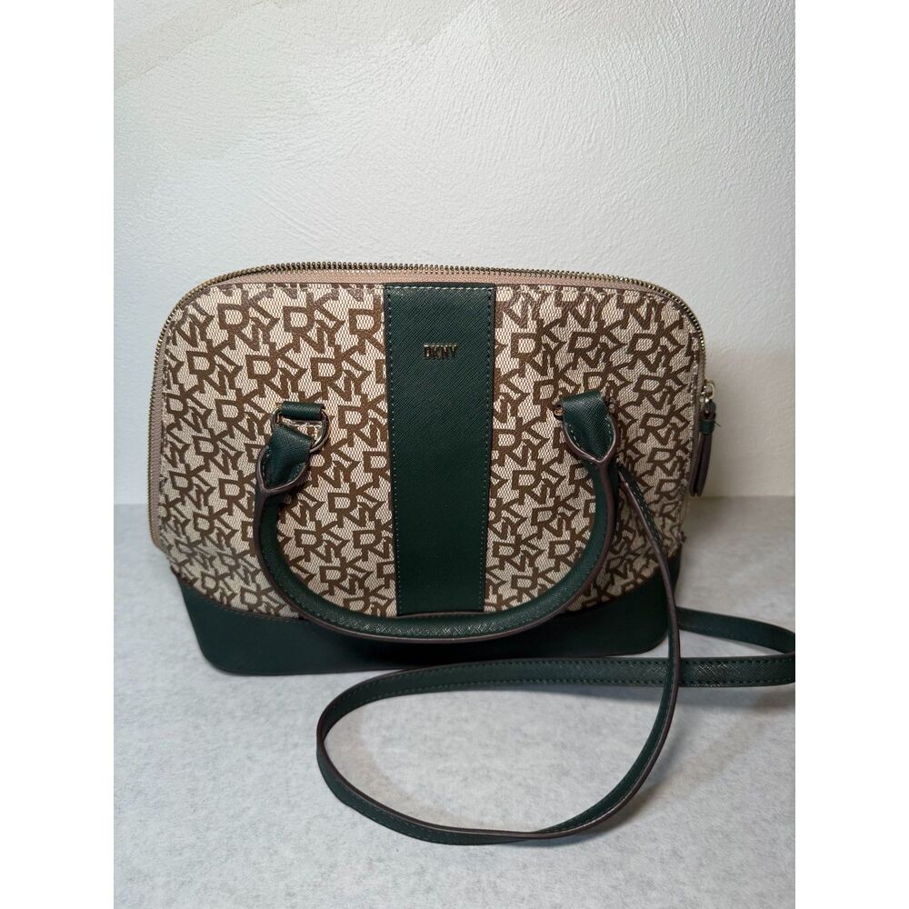 DKNY Bryant Medium Dome Satchel Bag Brown Monogram Hunter Green Stripe Crossbody